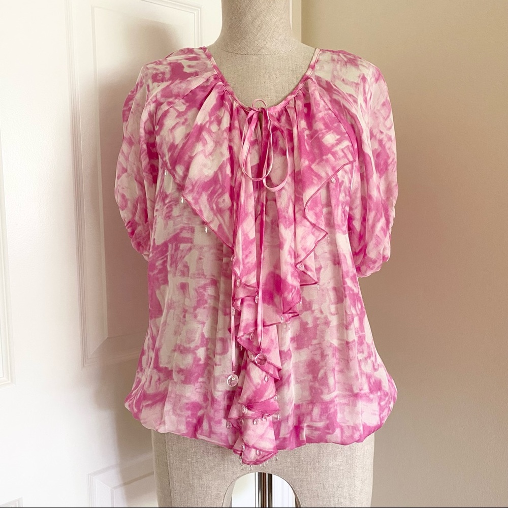 Karen Kane 100% Silk Pink Cute Ruffled Top Blouse
